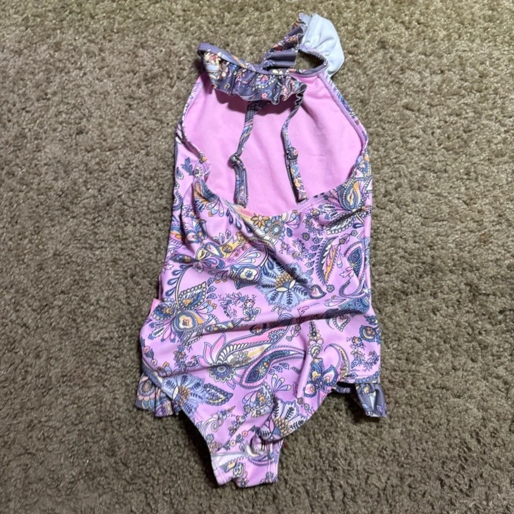 Ghanda Swim Kids Pink Paisley Ruffle One Piece Swimsuit Size 7-8